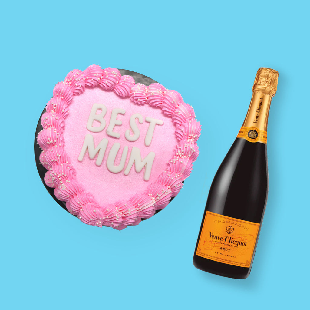 BEST MUM Pink Heart Cake & Veuve Clicquot