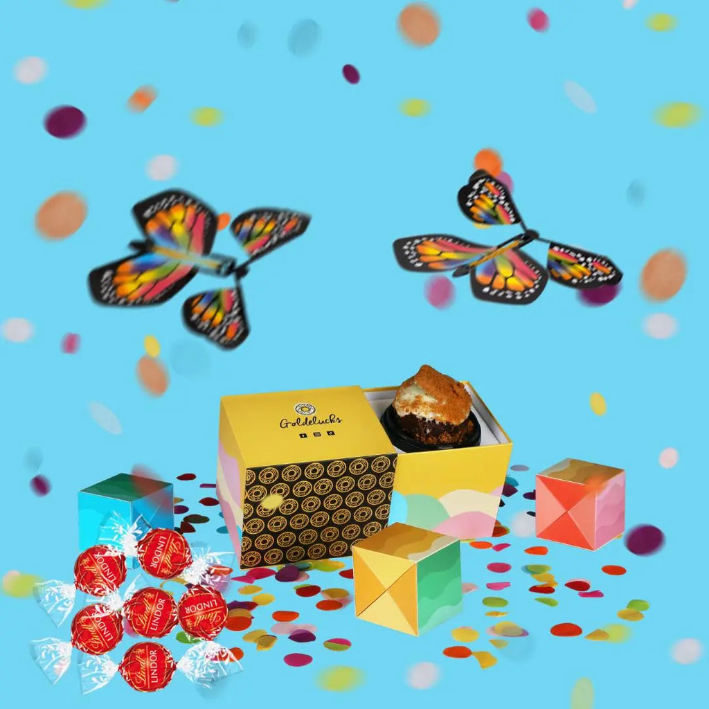 Cake Bounce Box + Confetti Explosion + 2x Butterflies + 6x Gold Lindt Balls - Goldelucks Same Day Gift Delivery