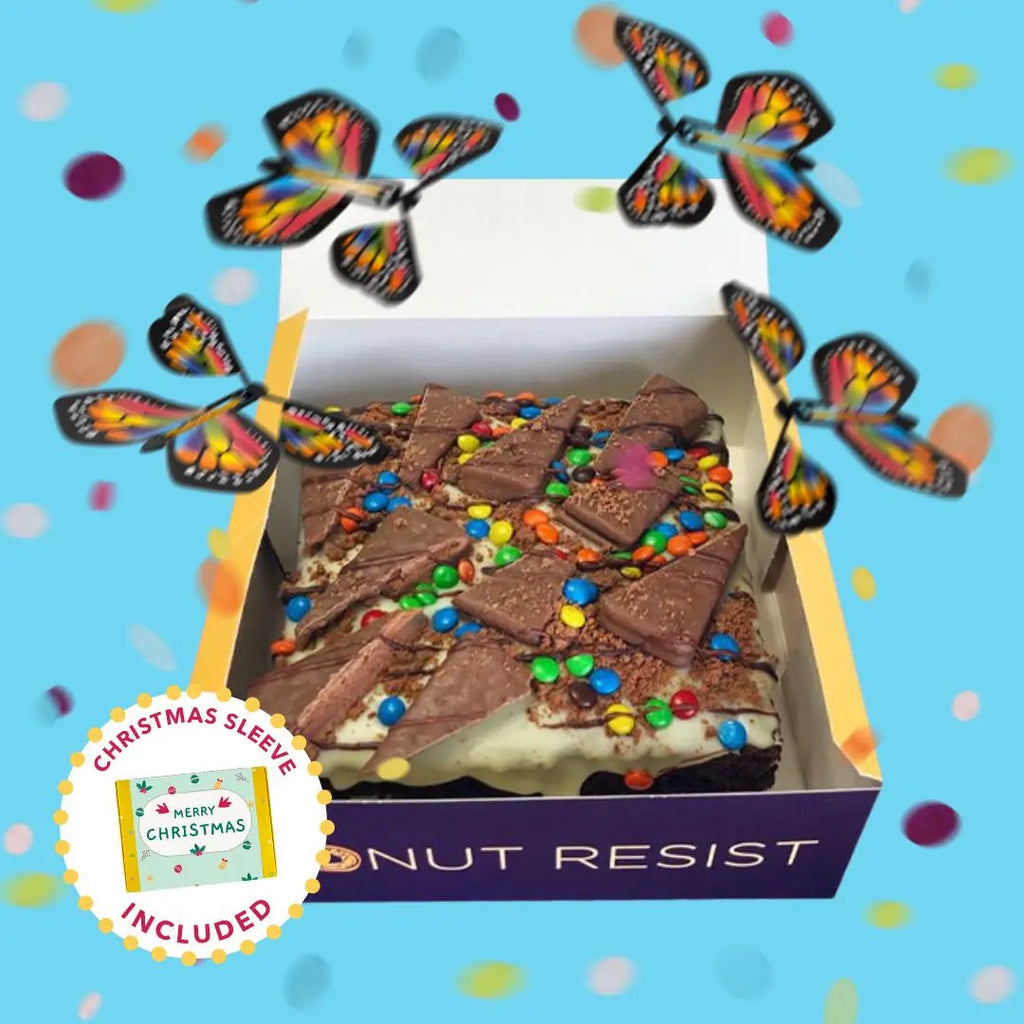 Double White Choc TIM TAM Loaded Brownie + Confetti Explosion + 4x Butterflies + Christmas Sleeve - Goldelucks Same Day Gift Delivery