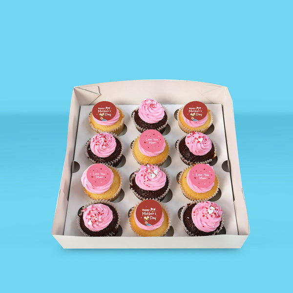 Mother's Day chocolate and vanilla cupcakes with pink buttercream and festive decorations